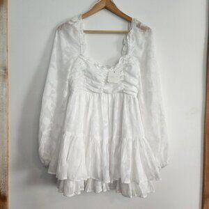 Altar'd State Clairyn Tiered White Mini Dress with Sheer Sleeves-Size S- NWT